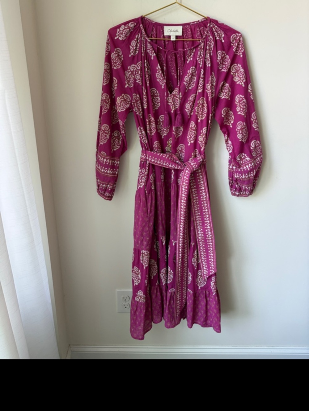 Cleobella Fiji Midi Dress Block Print Tie Waist Feminine Boho Prairie Size M